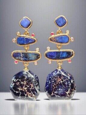 18k Gold Plated Jasper Stone Crystal Dangle Earrings